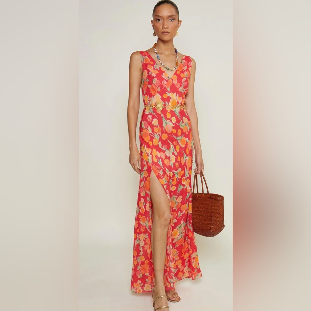 RIXO- Moniq Midi Coral Floral Dress